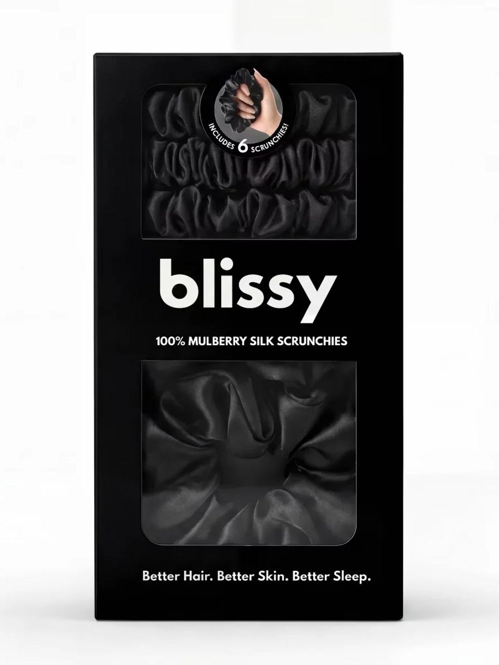 blissy 100% Mulberry Silk Scrunchies - Black (6 Pack)